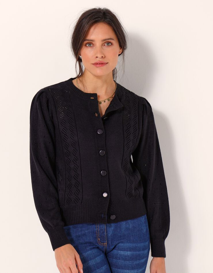 Cardigan boutonné, maille ajourée toucher cachemire (noir)