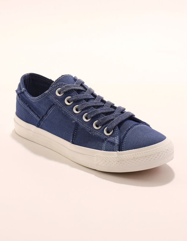 Tennis lacées en toile délavée à surpiqûres (bleu)