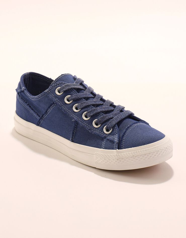 Tennis lacées en toile délavée à surpiqûres (bleu)