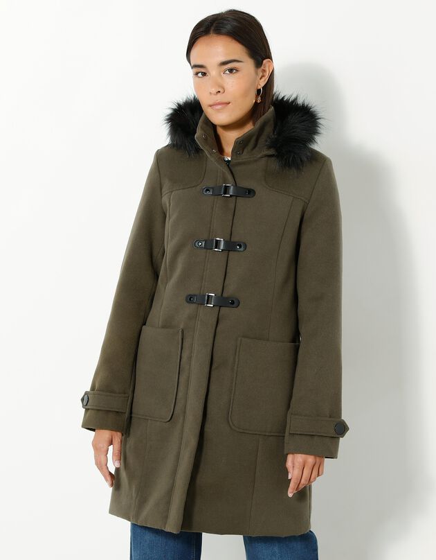 Duffle-coat capuche fausse fourrure uni (kaki)