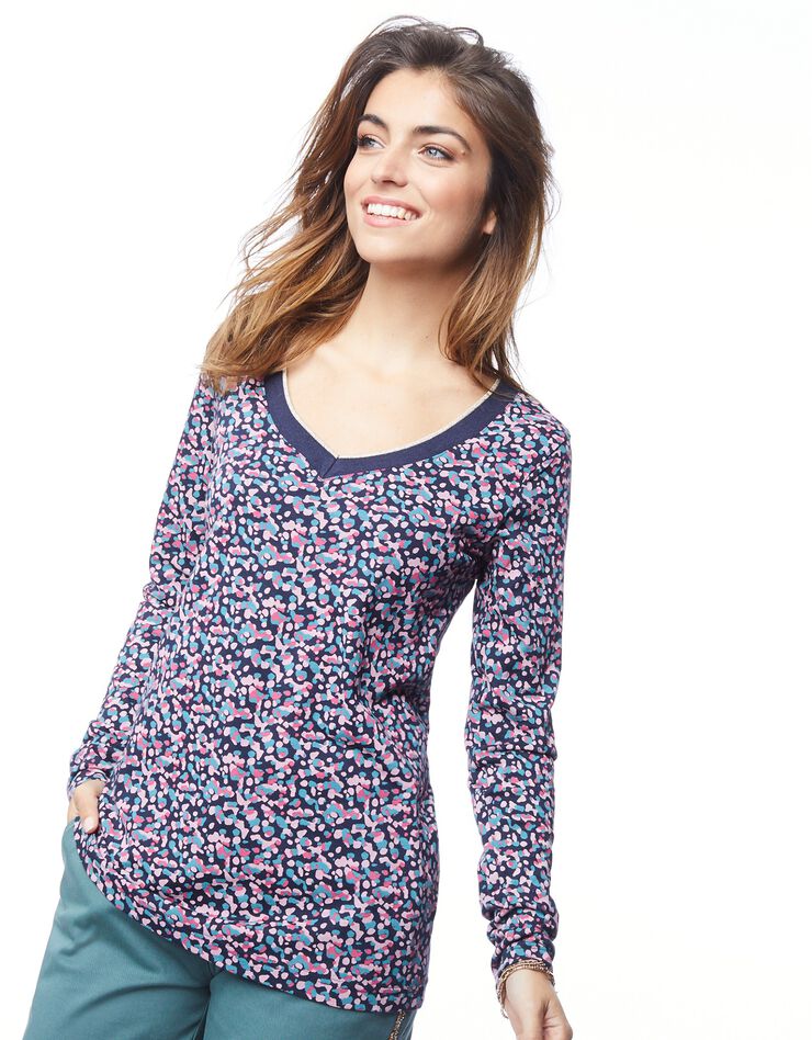 Tee-shirt col V biais doré imprimé (marine / rose) Tee-shirt col V biais doré imprimé (marine / rose)