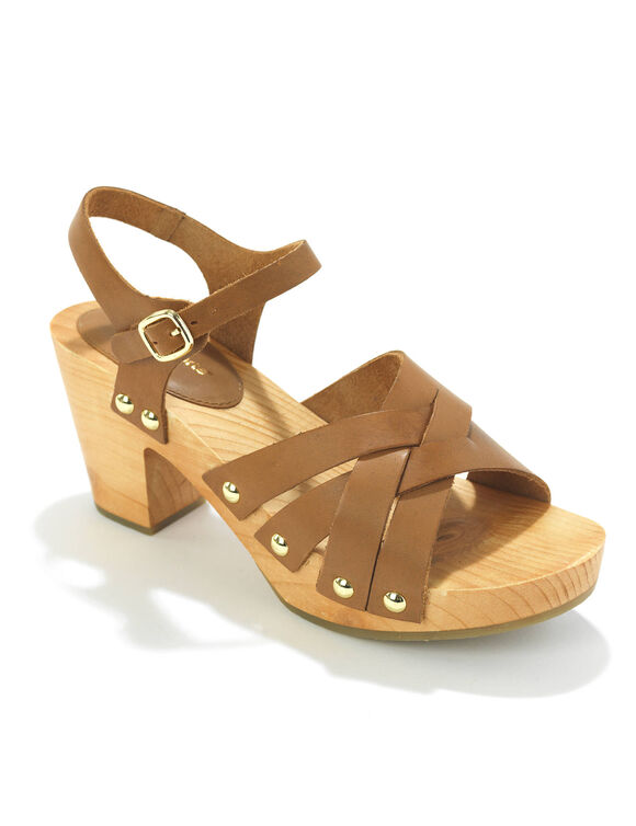  Sabots cloutés en cuir, talon bois (caramel)