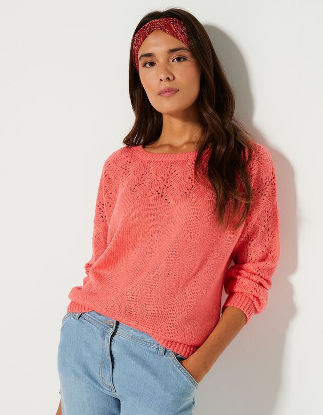 Pull manches longues blousantes, maille ajourée toucher mohair (corail)