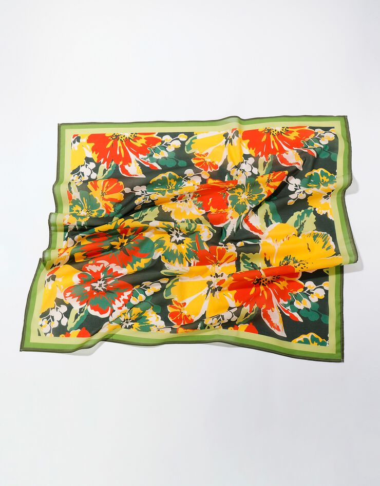 Foulard fabriqué en France imprimé fleurs, 100 x 100 cm  - coton (vert / orange)