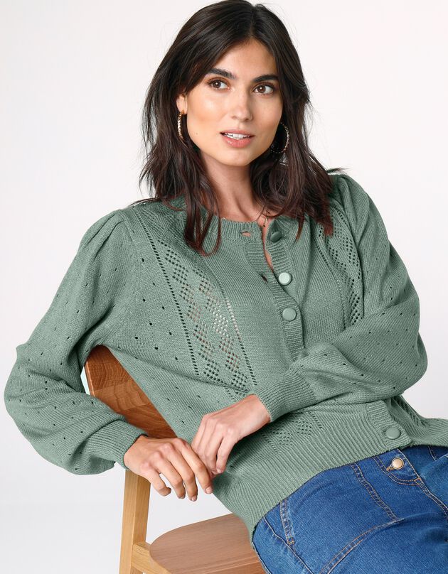Cardigan boutonné maille ajourée (vert grisé)