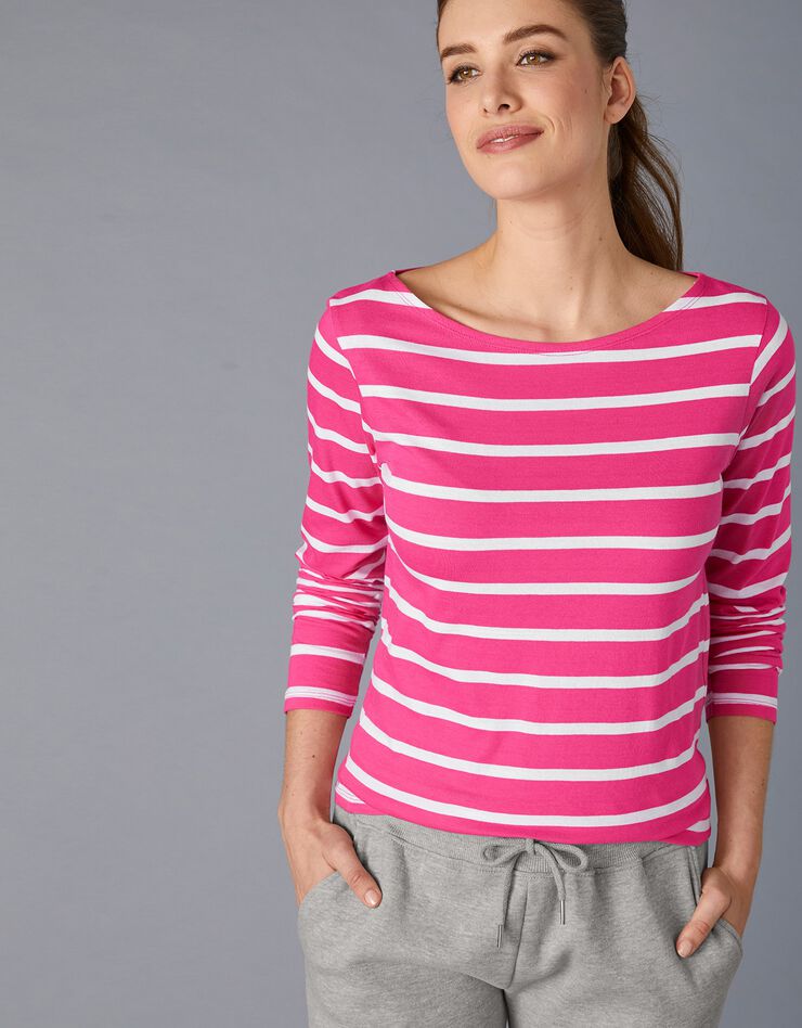 Tee-shirt marinière manches longues en coton bio, éco-responsable (rose / blanc)