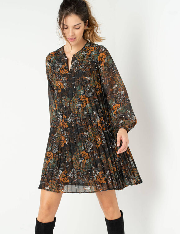 Robe courte plissée imprimée (noir / bronze)