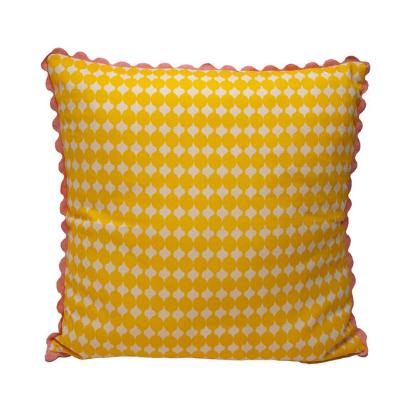 Coussin imprim&eacute; bicolore galon &eacute;cailles (jaune / blanc)