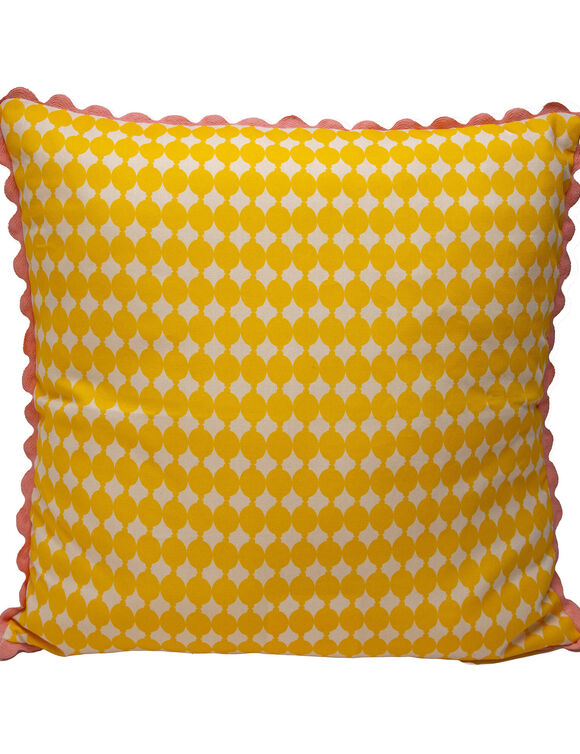 Coussin imprim&eacute; bicolore galon &eacute;cailles (jaune / blanc)