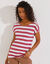 T-shirt col rond rayé, tissé teint (blanc / framboise)