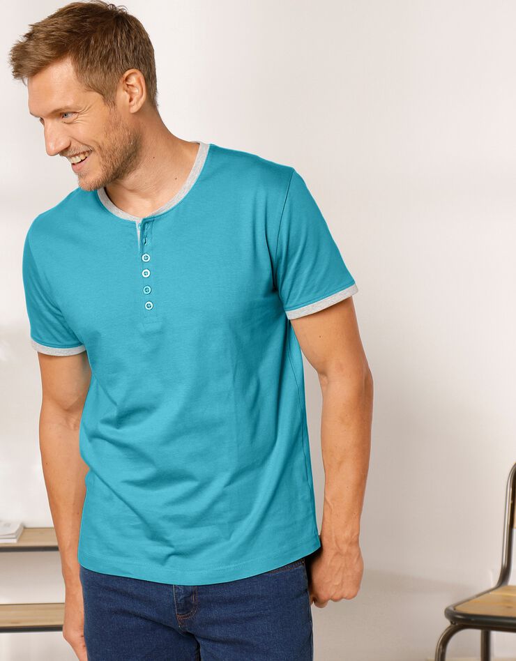 Tee-shirt uni col tunisien (turquoise) Tee-shirt uni col tunisien (turquoise)