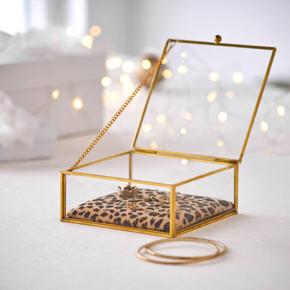 Bo&icirc;te &agrave; bijoux verre et m&eacute;tal, avec coussin l&eacute;opard (dor&eacute;)