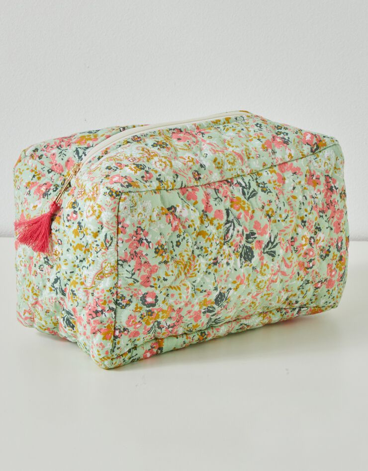 Trousse de toilette coton matelassé imprimé fleuri  (vert / rose)