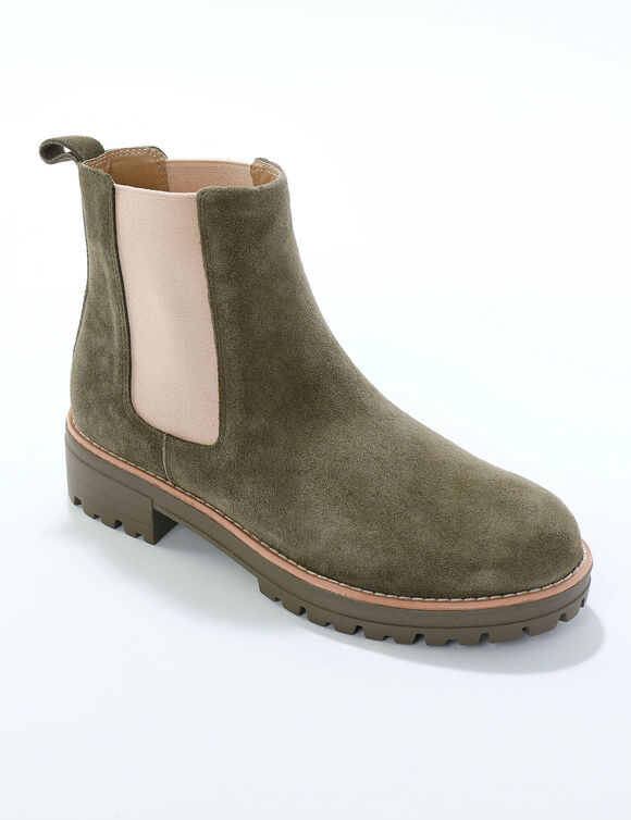 Boots chelsea croûte de cuir, semelle crantée épaisse (kaki)