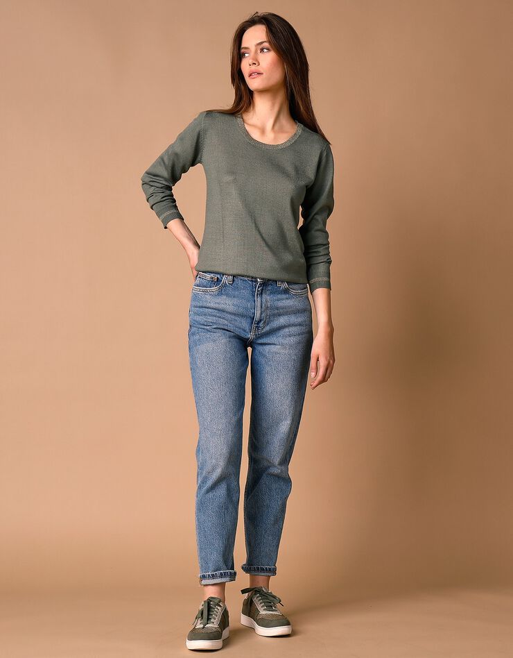 Pull col rond détails brillants, toucher cachemire (kaki) Pull col rond détails brillants, toucher cachemire (kaki)