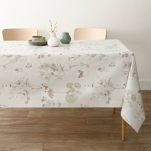 Nappe toile cirée imprimé végétal et papillons (beige / vert)