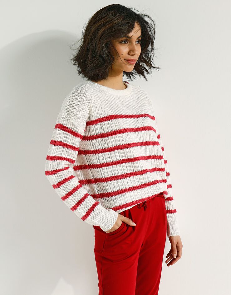 Pull rayé manches longues épaule boutonnée (écru / tomette) Pull rayé manches longues épaule boutonnée (écru / tomette)