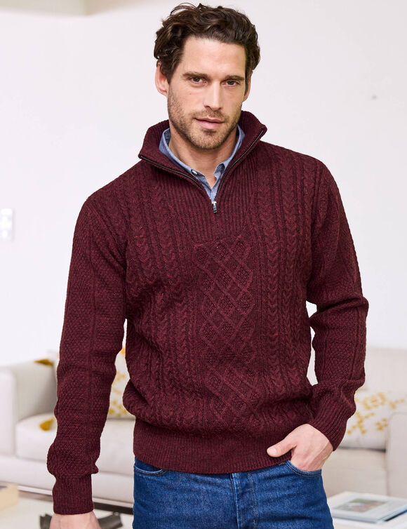 Pull col camionneur maille irlandaise (bordeaux chin&eacute;)