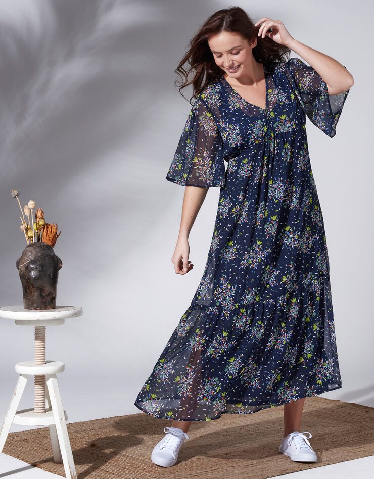 Robe longue en voile imprimé fleuri col V  (marine / anis)