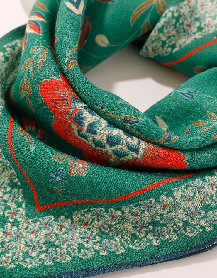 Foulard fabriqué en France imprimé fleurs, 48x48 cm - coton biologique(1) (vert)