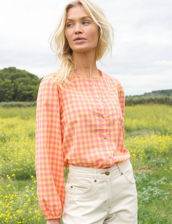 Chemisier col rond &agrave; carreaux, manches longues blousantes (jaune / rose)