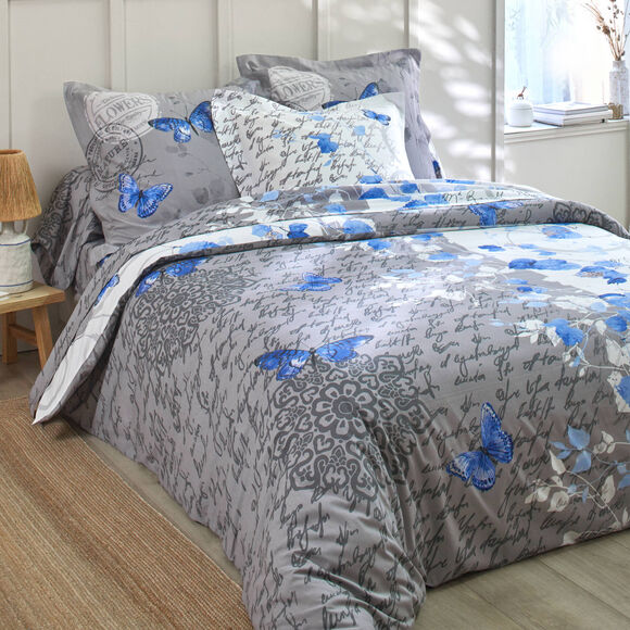 Linge de lit Célestine en coton imprimé fleurs et papillons (bleu / gris)