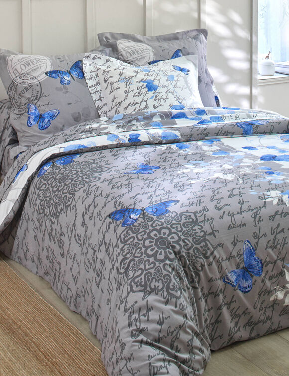Linge de lit Célestine en coton imprimé fleurs et papillons (bleu / gris)