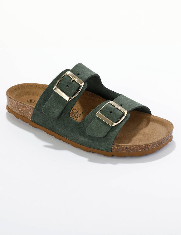 Mules en cuir 2 boucles réglables (kaki)