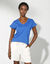 T-shirt col V manches courtes, détails broderie anglaise (bleu)