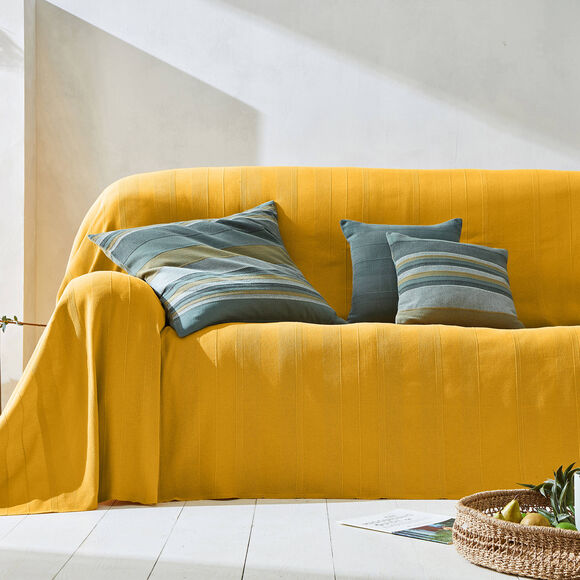  Plaid ou jet&eacute; uni coton tissage artisanal (curry)