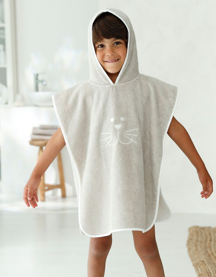 Poncho de bain à capuche enfant brodé chat coton - 450g/m2 (taupe) Poncho de bain à capuche enfant brodé chat coton - 450g/m2 (taupe)
