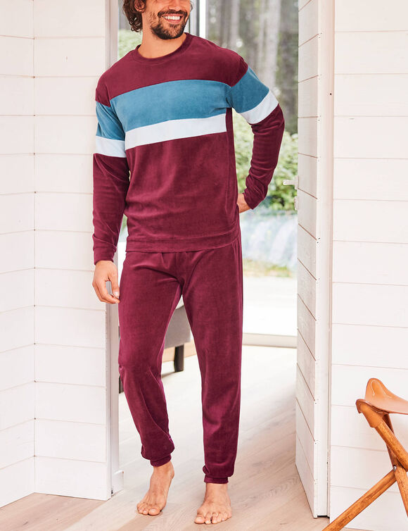 Pyjama tricolore velours manches longues (bordeaux)