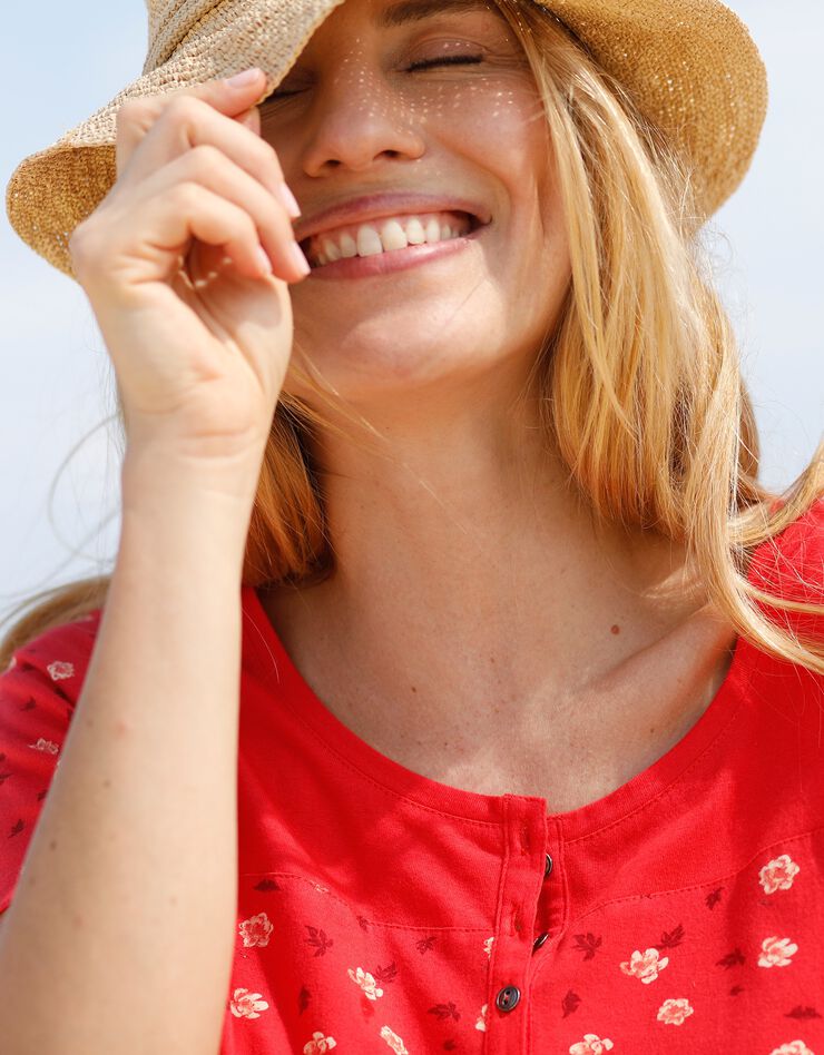 Tee-shirt tunisien imprimé fleurs manches courtes (rouge) Tee-shirt tunisien imprimé fleurs manches courtes (rouge)