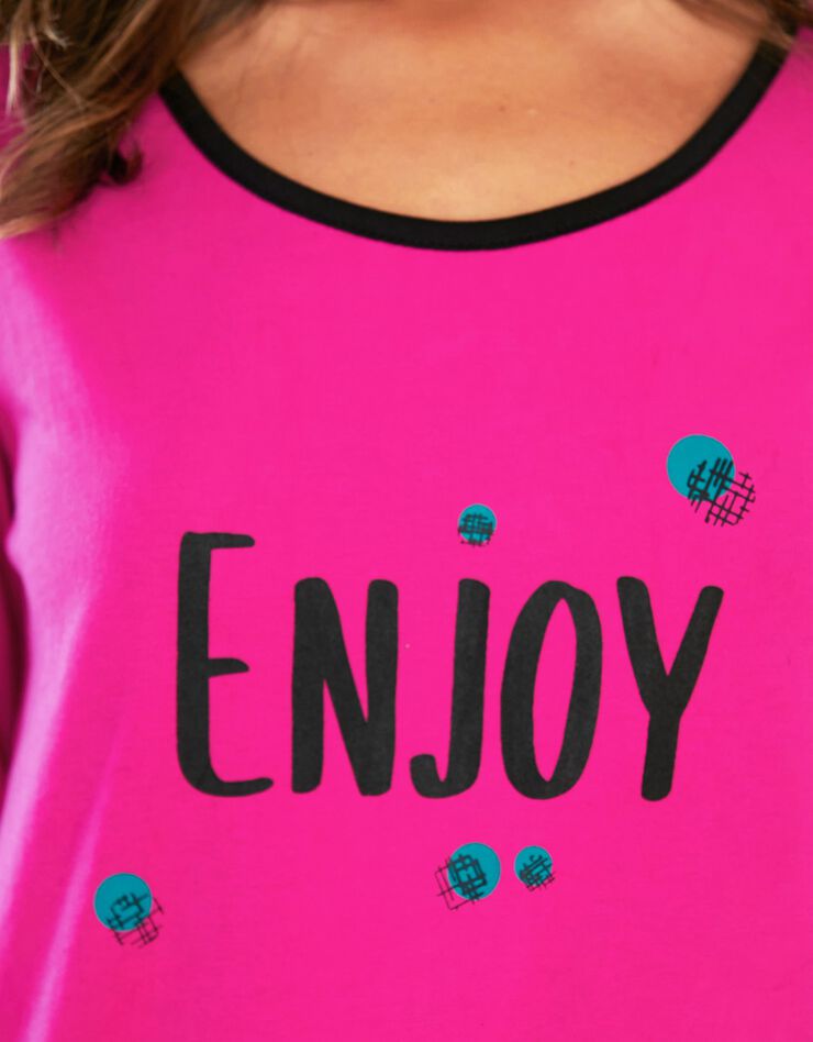 Tee-shirt manches longues coton uni imprimé placé "Enjoy"  (fuchsia)