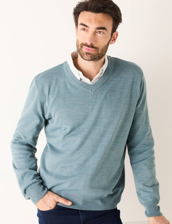 Pull uni col V (aqua chiné)