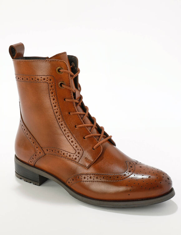 Bottines montantes doubl&eacute;es &agrave; lacets en cuir fleuri (marron)