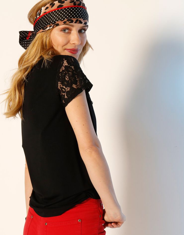 Tee-shirt dentelle col rond manches courtes (noir) Tee-shirt dentelle col rond manches courtes (noir)