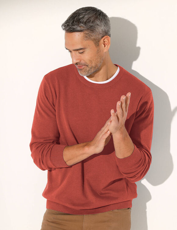 Pull pur coton col rond manches longues (corail chiné)