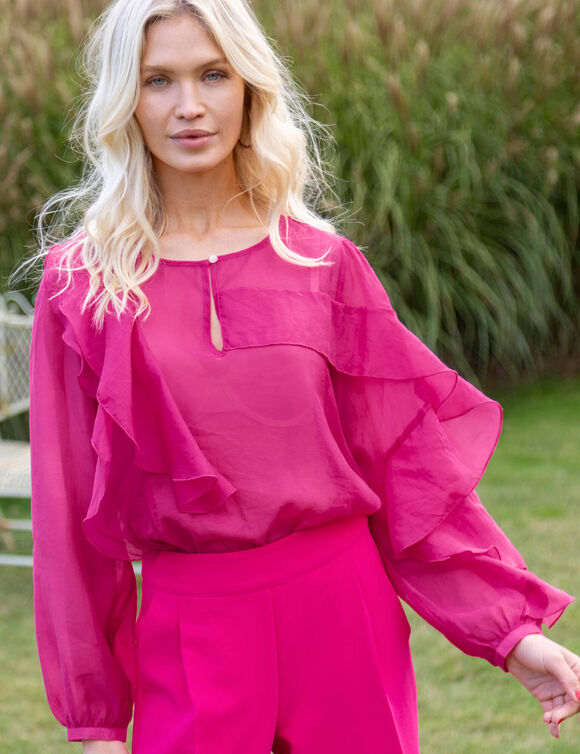 Blouse fluide &agrave; volants asym&eacute;triques, unie (fuchsia)