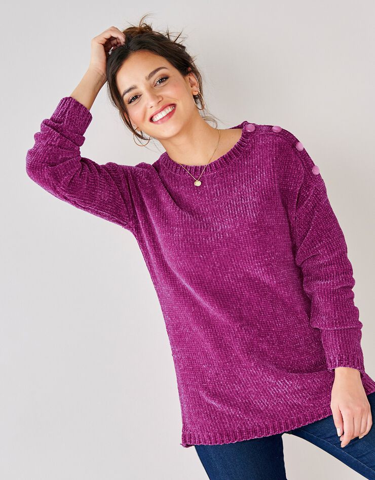 Pull épaule boutonnée, maille chenille (violine) Pull épaule boutonnée, maille chenille (violine)