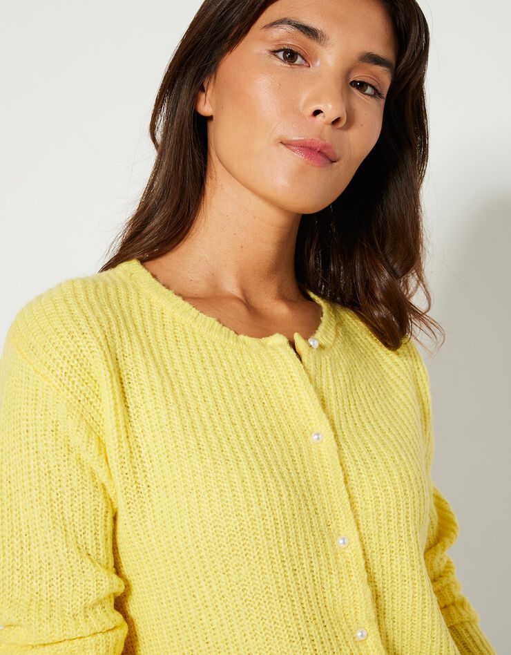 Cardigan boutons façon perles, maille anglaise (jaune) Cardigan boutons façon perles, maille anglaise (jaune)