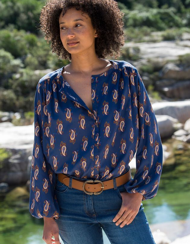 Blouse boutonnée imprimée (indigo / écru)