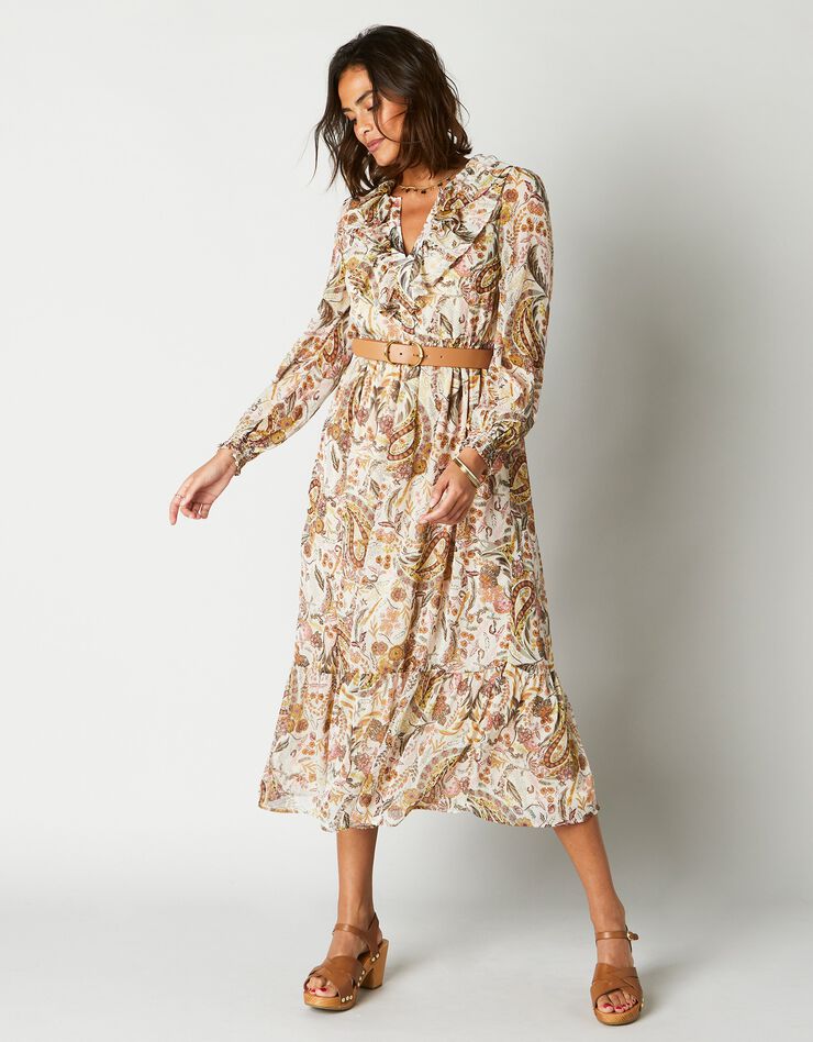 Robe midi volantée imprimée, voile (beige / kaki)