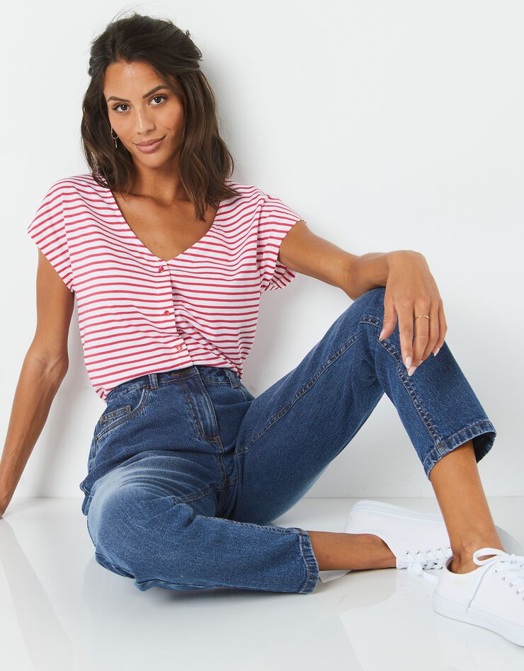 Tee-shirt col V boutonné rayé, spécial petites (rouge / blanc) Tee-shirt col V boutonné rayé, spécial petites (rouge / blanc)