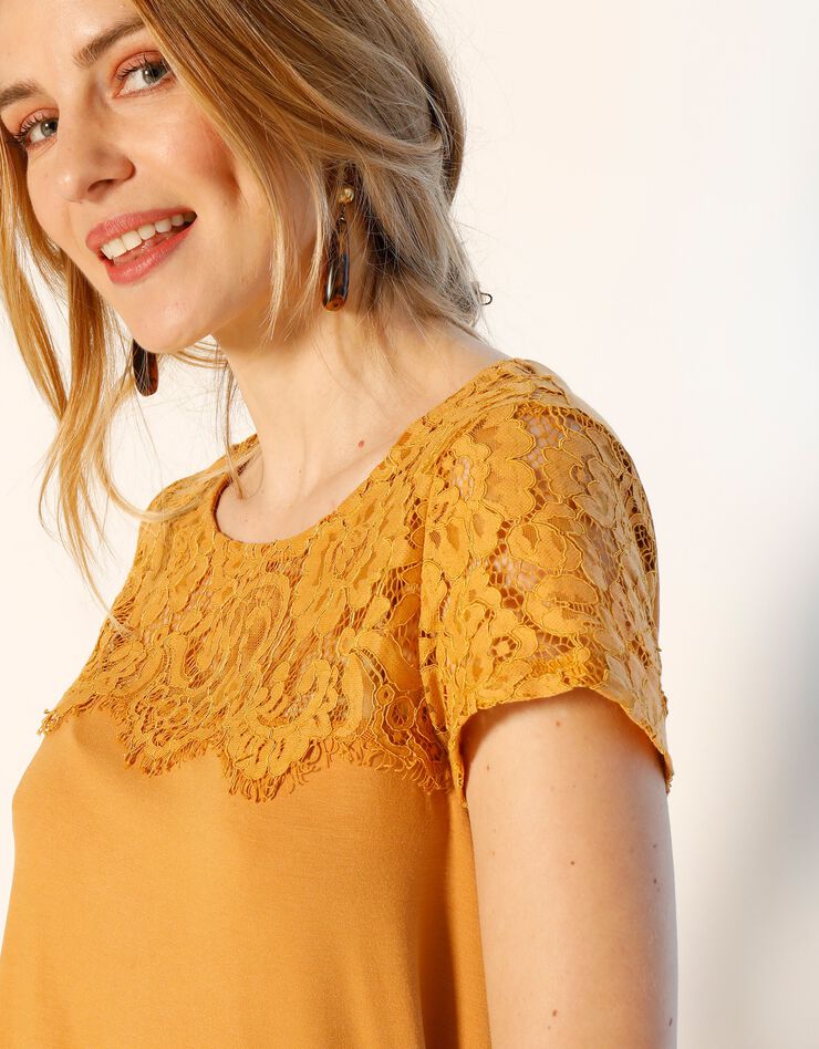 Tee-shirt dentelle col rond manches courtes (miel) Tee-shirt dentelle col rond manches courtes (miel)