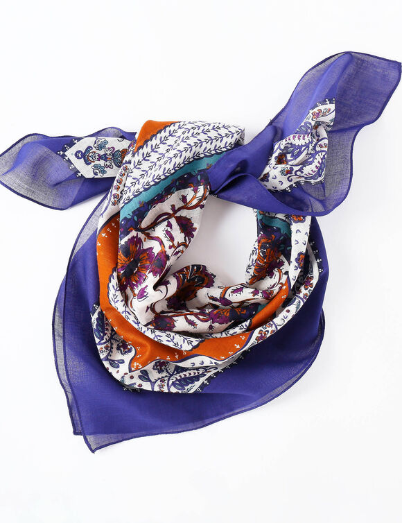 Foulard en voile de coton, imprim&eacute; floral boh&egrave;me (indigo / caramel)