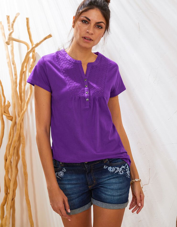 Tee-shirt boutonné broderie anglaise (violet) Tee-shirt boutonné broderie anglaise (violet)