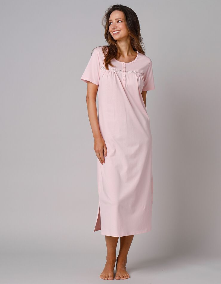 Chemise de nuit longue manches courtes unie (rose) Chemise de nuit longue manches courtes unie (rose)