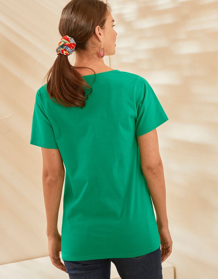 Tee-shirt col carré froncé uni coton bio (vert)