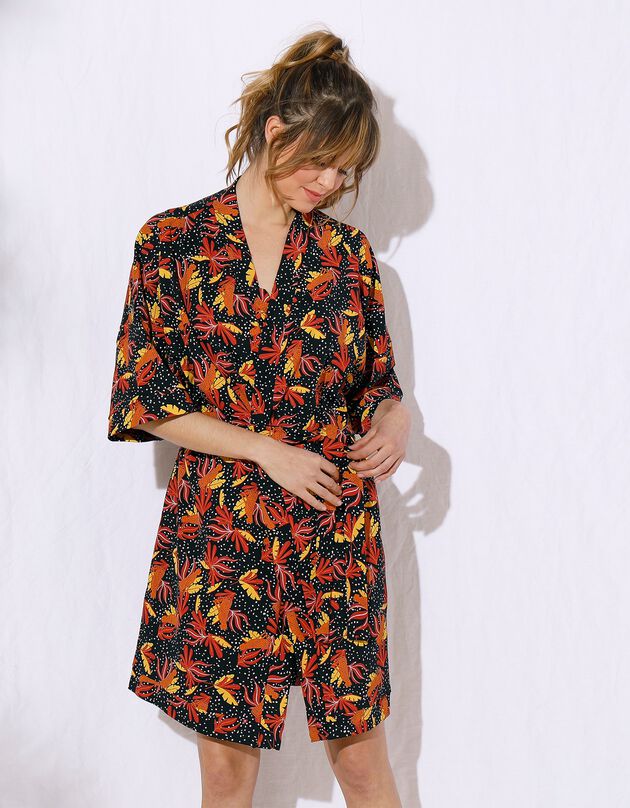 Kimono imprimé « savane » - avec pochon assorti (noir / brique)